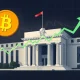Bitcoin price chart reacting to Fed policy shifts with upward trajectory and institutional inflows