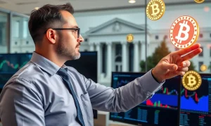 Analyst discussing urgent Fed rate cut prediction with financial charts and crypto market data