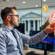 Analyst discussing urgent Fed rate cut prediction with financial charts and crypto market data