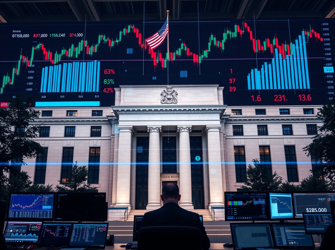 Federal Reserve building showing projections for Fed rate cuts and economic impact analysis