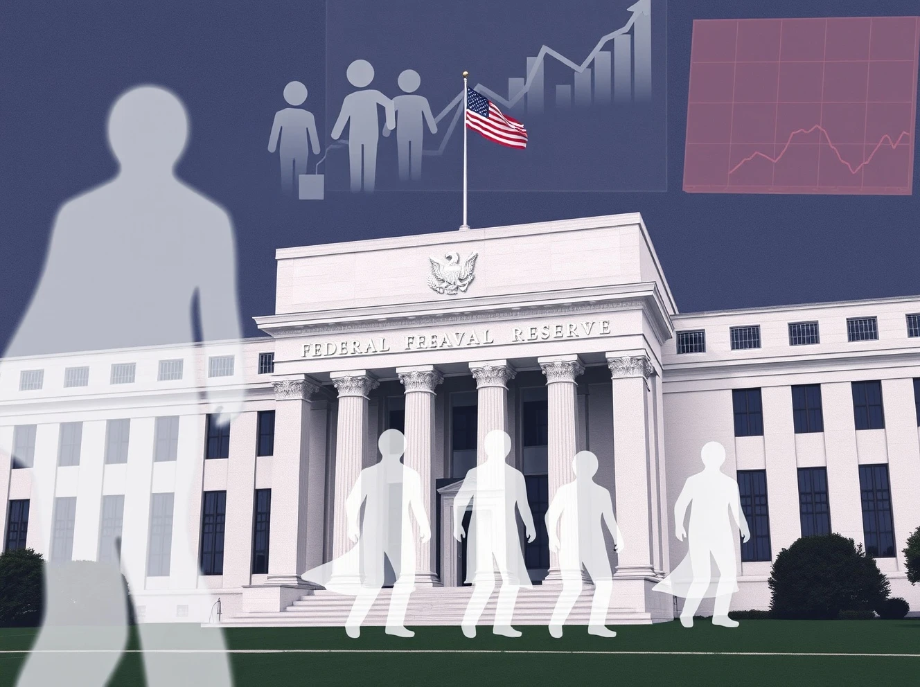Federal Reserve building with ghost employment data affecting interest rate cut decision