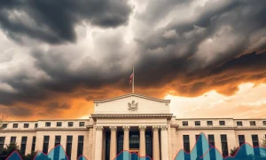 Federal Reserve building with storm clouds symbolizing potential dramatic rate cuts affecting financial markets