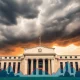 Federal Reserve building with storm clouds symbolizing potential dramatic rate cuts affecting financial markets