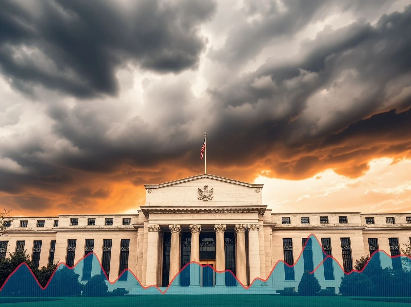 Federal Reserve building with storm clouds symbolizing potential dramatic rate cuts affecting financial markets