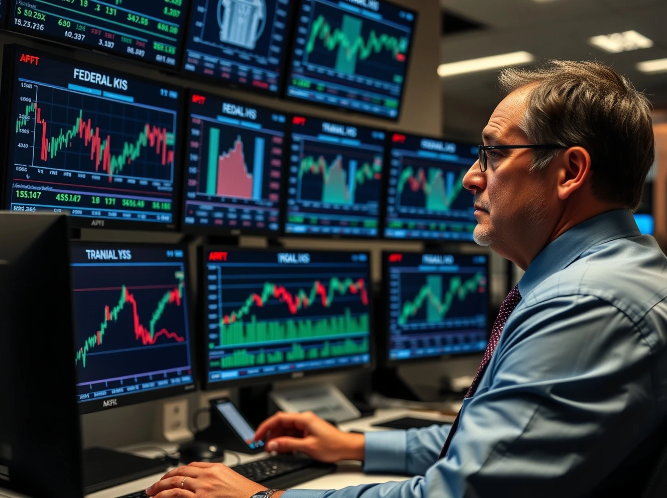 Federal Reserve watchers analyzing economic data with concerned expressions during market volatility