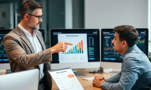 Financial adviser discussing risk tolerance assessment with concerned client during portfolio review