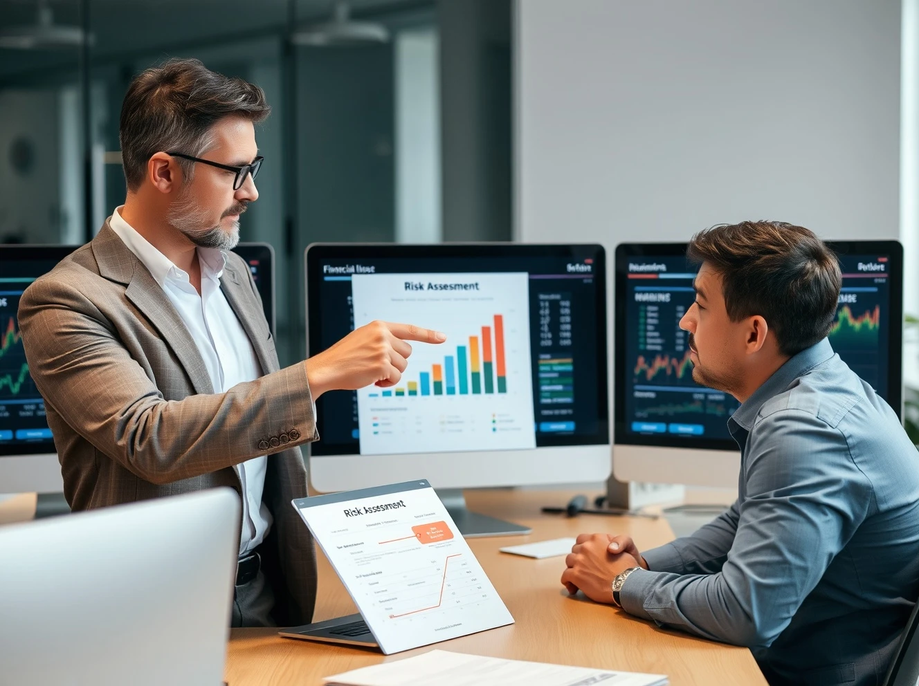Financial adviser discussing risk tolerance assessment with concerned client during portfolio review