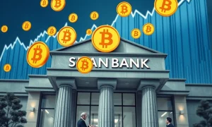 Bank embracing Bitcoin custody services with stock market growth visualization
