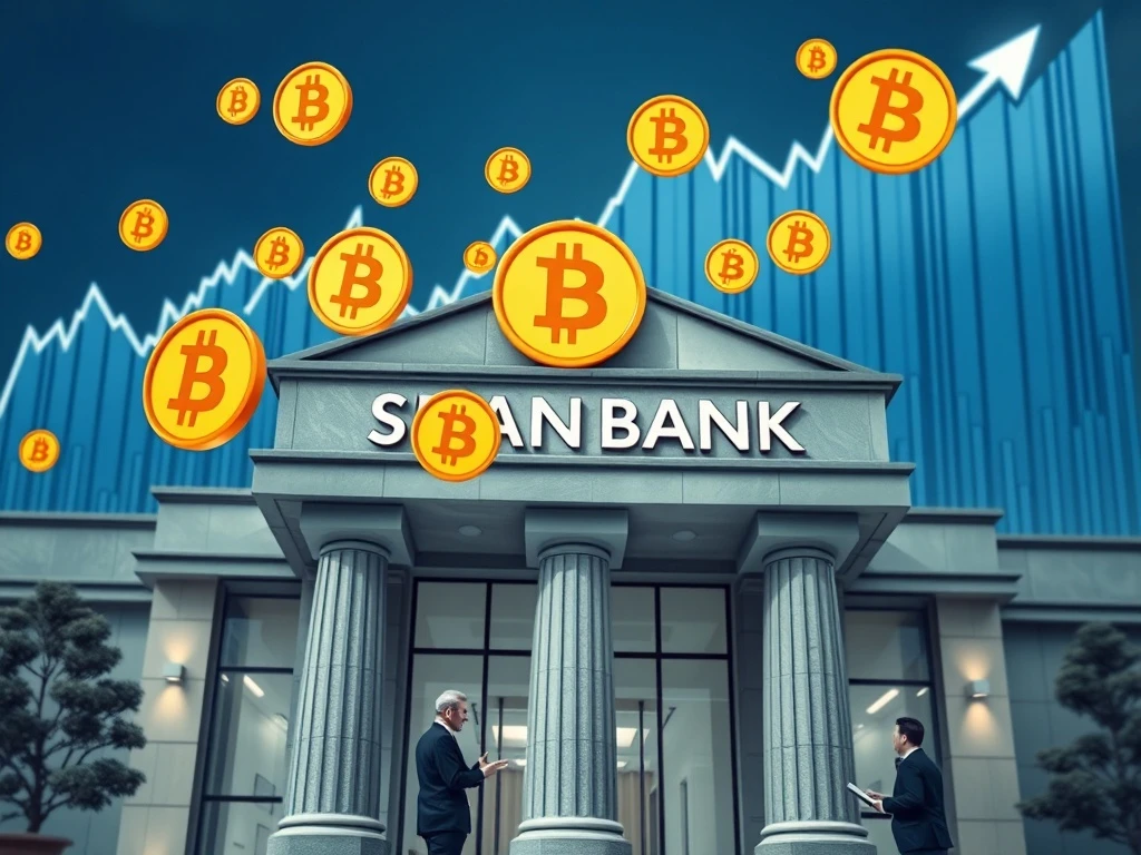 Bank embracing Bitcoin custody services with stock market growth visualization
