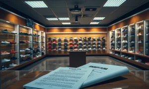 Chapter 11 bankruptcy filing documents for major footwear brand with empty store background