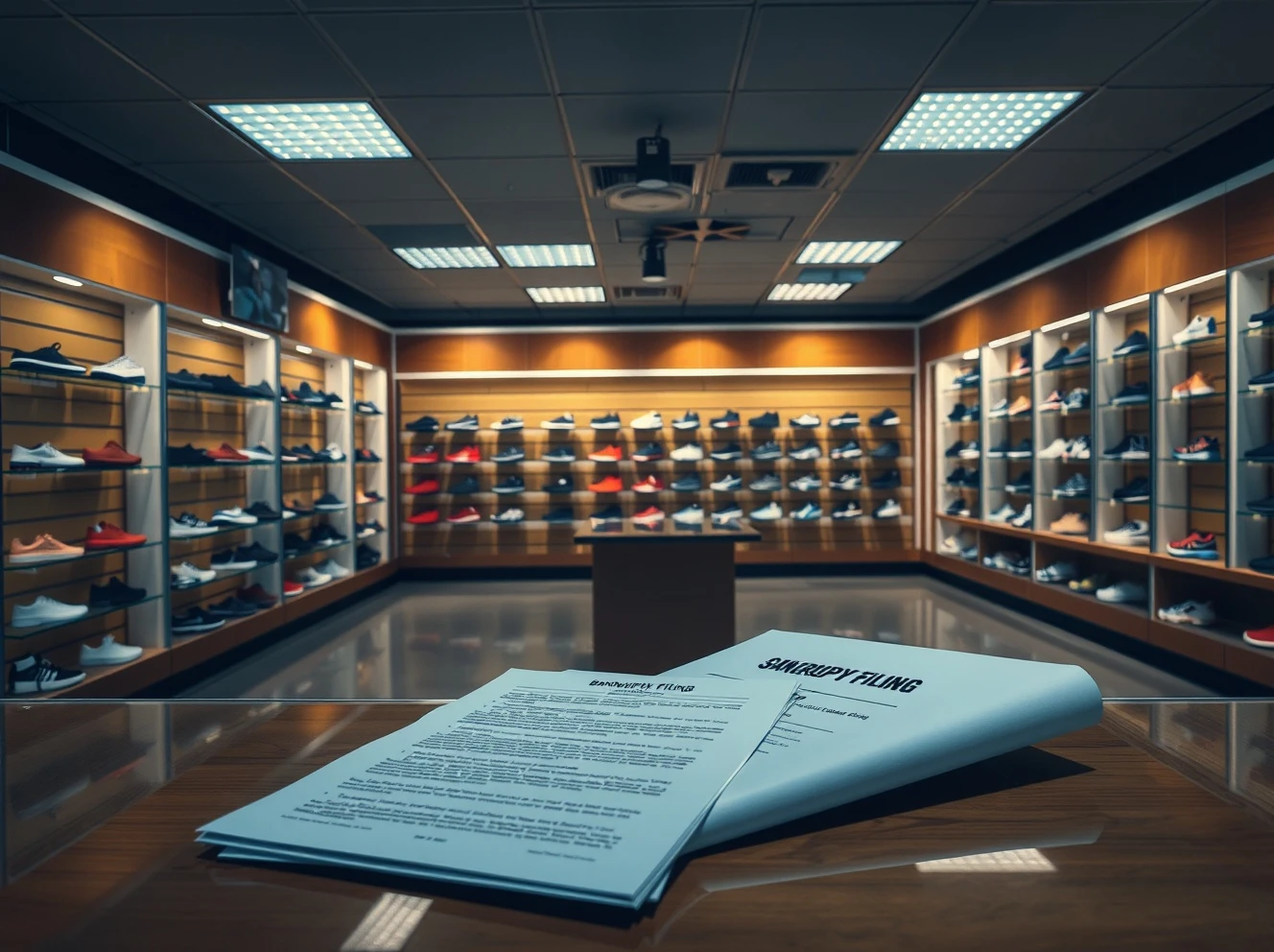Chapter 11 bankruptcy filing documents for major footwear brand with empty store background