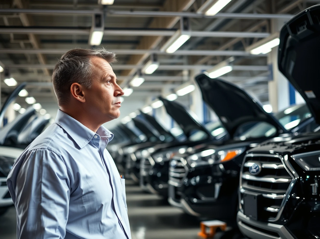 Ford reliability crisis shown through multiple vehicles requiring mechanical repairs at dealership service center
