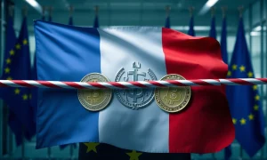 France blocking crypto firms under MiCA regulation with EU flags in background