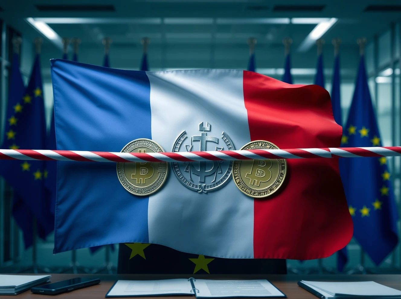 France blocking crypto firms under MiCA regulation with EU flags in background