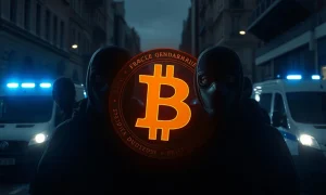 French police responding to crypto-kidnapping case with digital currency symbols in background