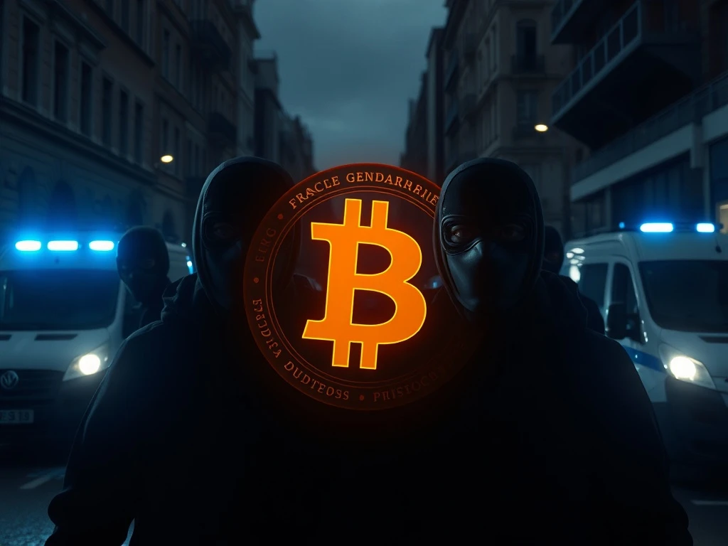 French police responding to crypto-kidnapping case with digital currency symbols in background