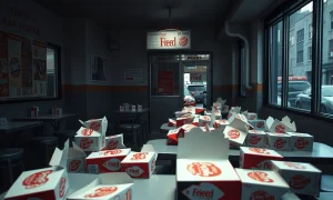 Closed fried chicken chain restaurant showing empty dining area during restructuring period