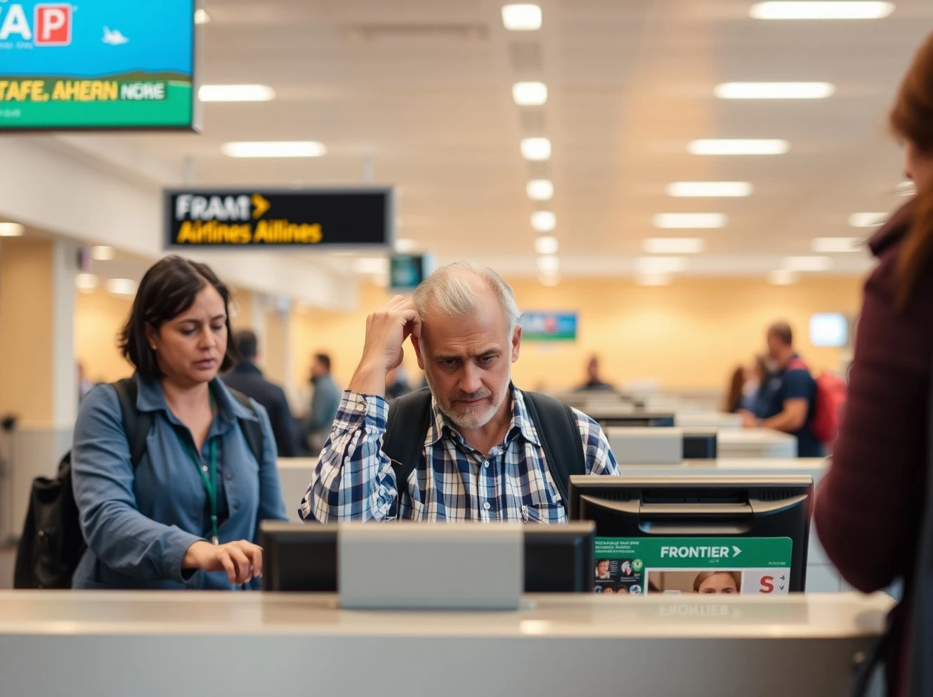Frontier Airlines passenger convenience controversy showing frustrated traveler at check-in counter