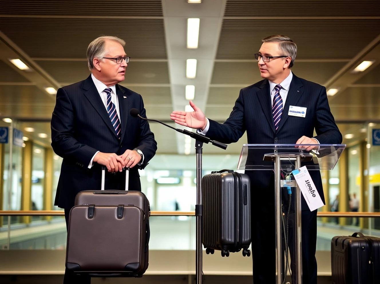 Airline executives debating baggage policy with luggage and financial charts in background