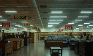 Chapter 11 bankruptcy liquidation of major furniture retailer showing empty storefront with closing signs