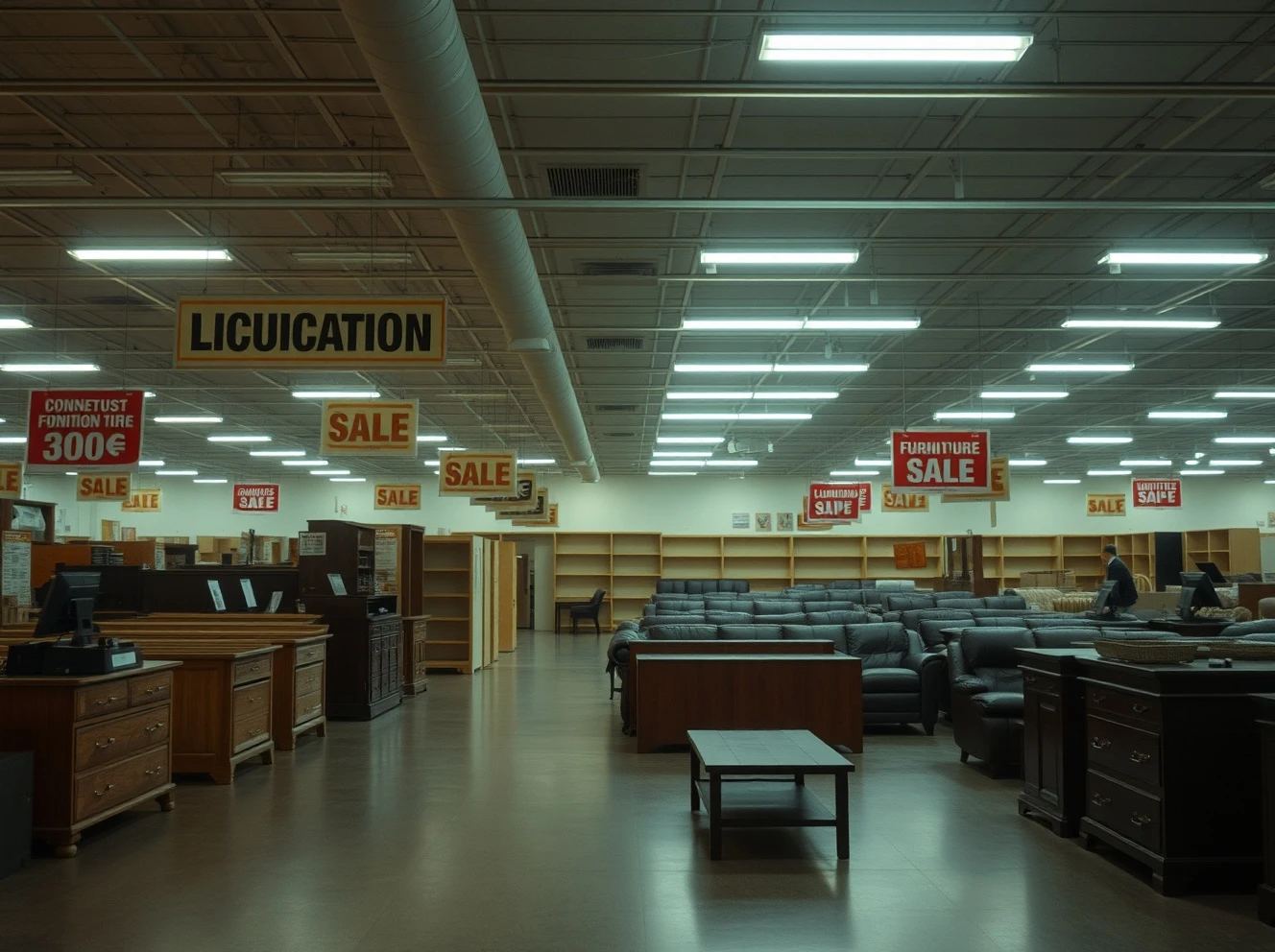 Chapter 11 bankruptcy liquidation of major furniture retailer showing empty storefront with closing signs
