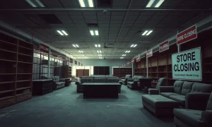 Furniture chain bankruptcy showing empty store with closing signs and abandoned display pieces