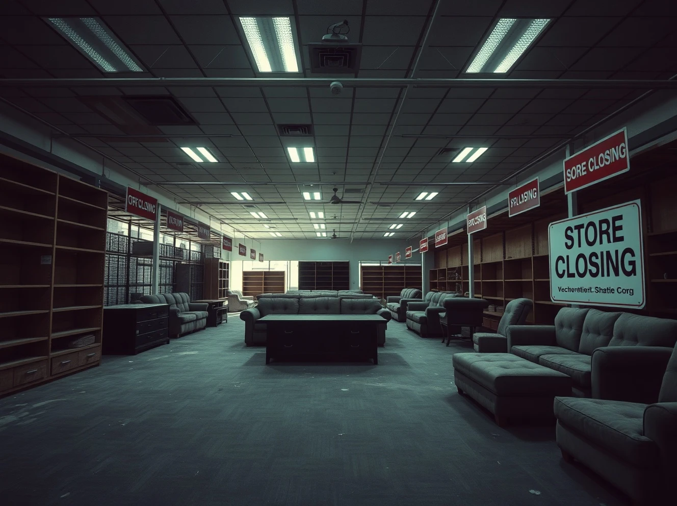 Furniture chain bankruptcy showing empty store with closing signs and abandoned display pieces