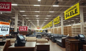 Empty furniture showroom during Chapter 11 bankruptcy liquidation with closing signs