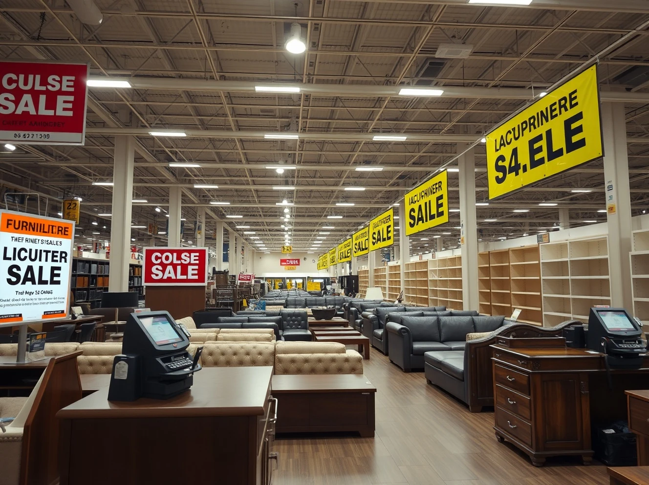 Empty furniture showroom during Chapter 11 bankruptcy liquidation with closing signs