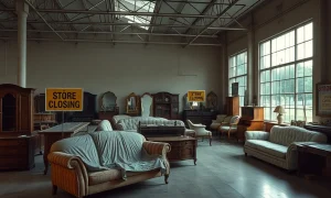 Furniture store closing after six decades of successful operation with final sale signs visible