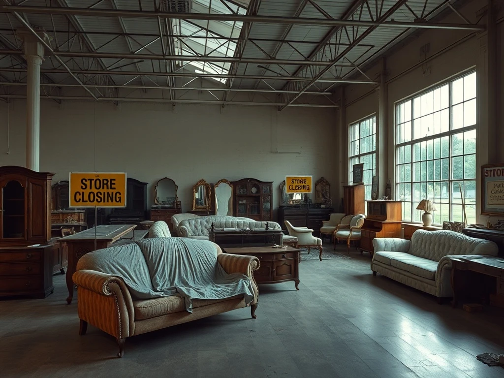 Furniture store closing after six decades of successful operation with final sale signs visible