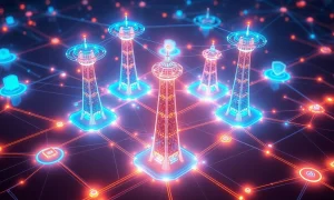 Future telecommunications network showing 5G, IoT and AI integration
