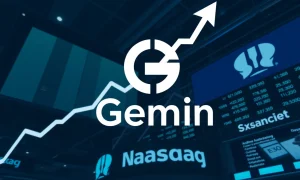 Gemini IPO launch on Nasdaq with rising stock chart and cryptocurrency integration