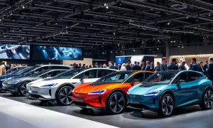 German automakers showcasing electric vehicles at international automotive conference with investment backdrop