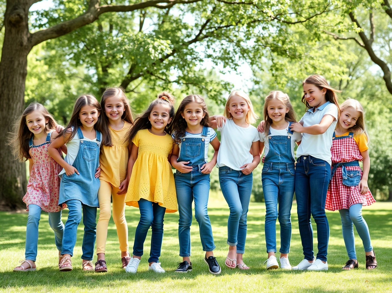 Happy girls wearing comfortable jeans playing outdoors with mixed dress styles