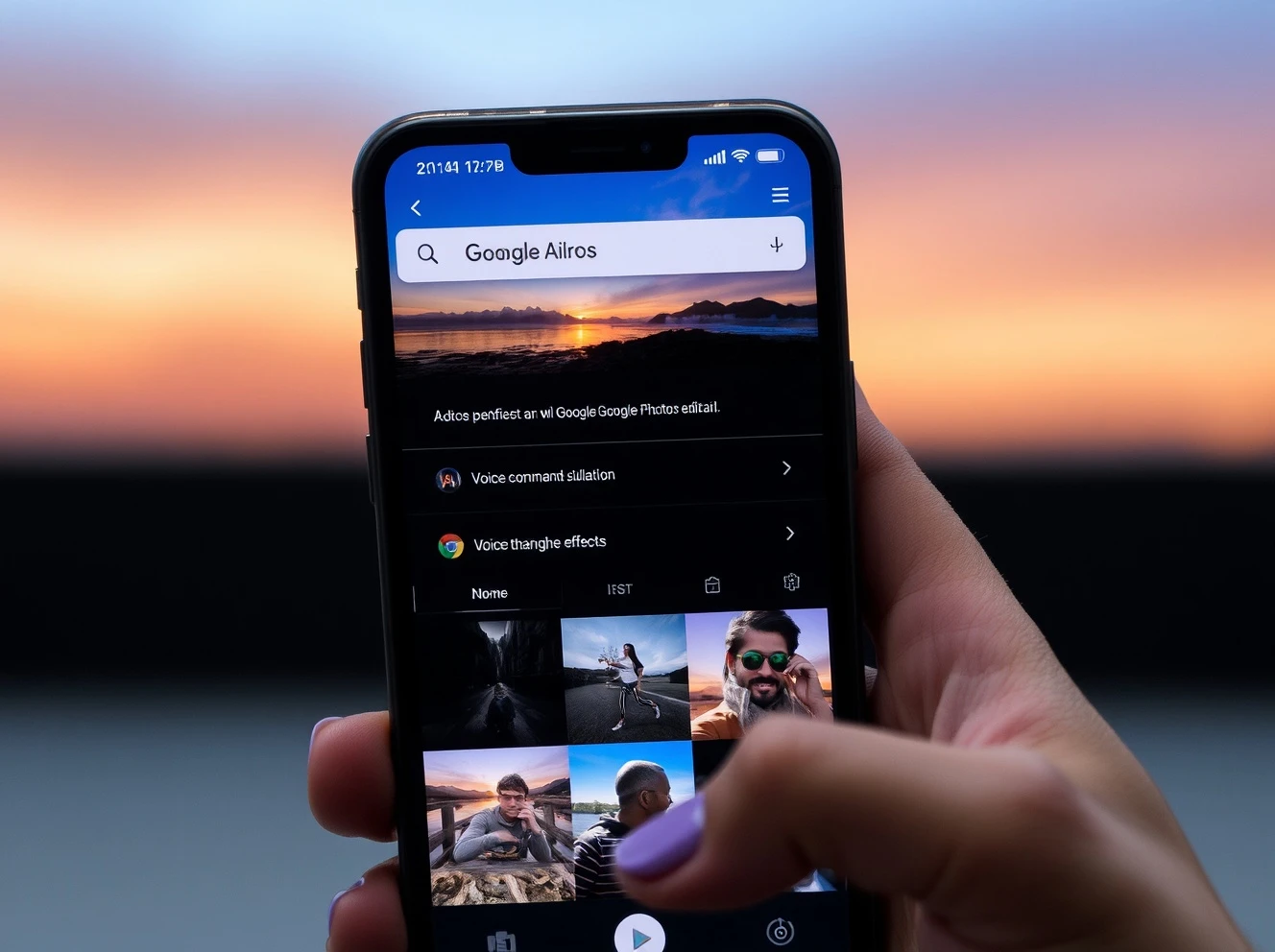 Google Photos AI editing interface showing voice command options for photo enhancement on Android device