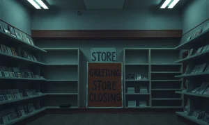 Greeting card store filing Chapter 11 bankruptcy with closing signs and empty displays
