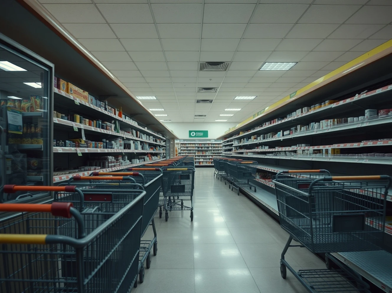Empty grocery store showing grocery chains closing locations with abandoned shopping carts and dim lighting