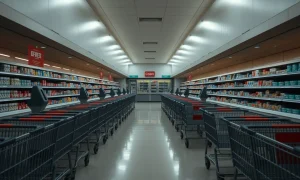 Empty grocery store showing recent closures with shopping carts abandoned in aisles