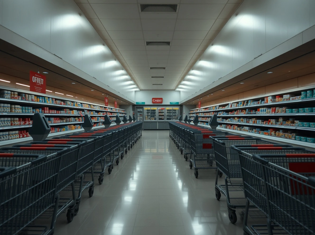 Empty grocery store showing recent closures with shopping carts abandoned in aisles