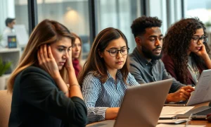 Tech professionals struggling with H-1B visa paperwork and immigration challenges in modern office setting
