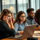 Tech professionals struggling with H-1B visa paperwork and immigration challenges in modern office setting