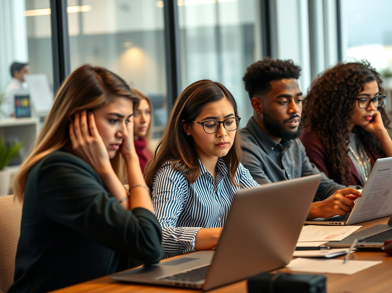 Tech professionals struggling with H-1B visa paperwork and immigration challenges in modern office setting