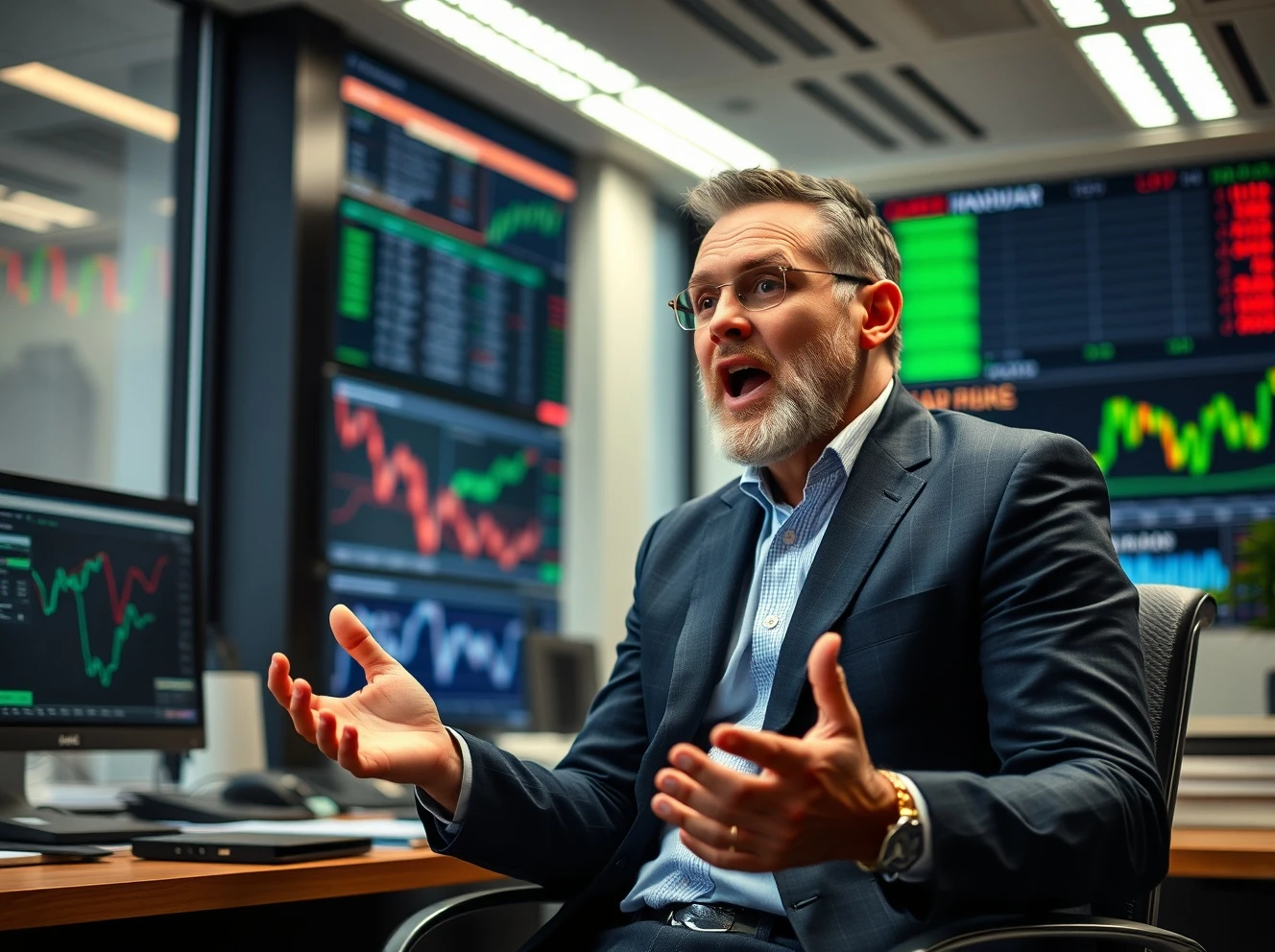 Hedge fund manager discussing urgent economic warning with financial charts