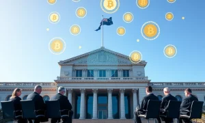 Australian High Court deciding digital asset regulation case with blockchain symbols