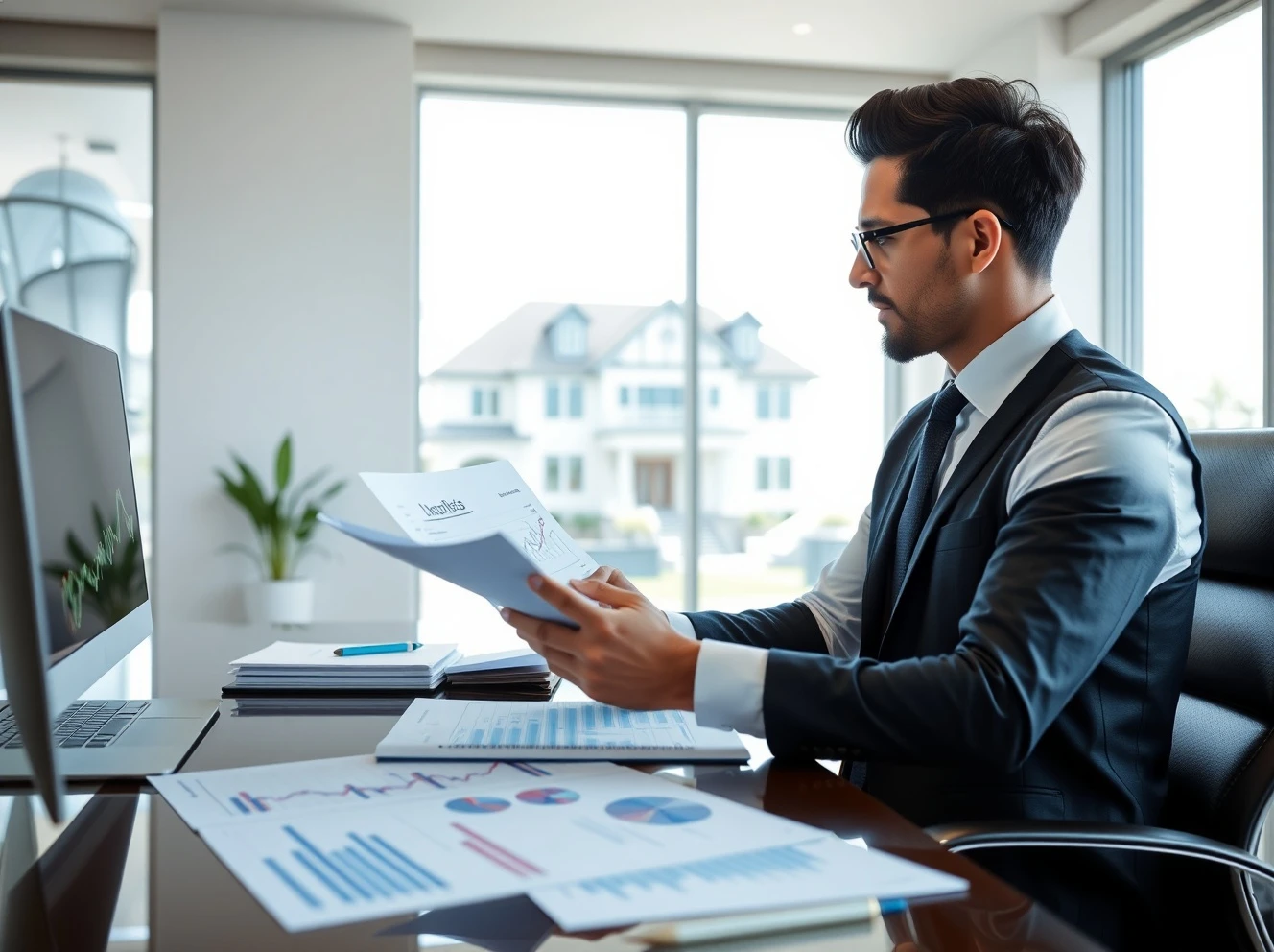 Professional analyzing high-value mortgage rates document with financial charts