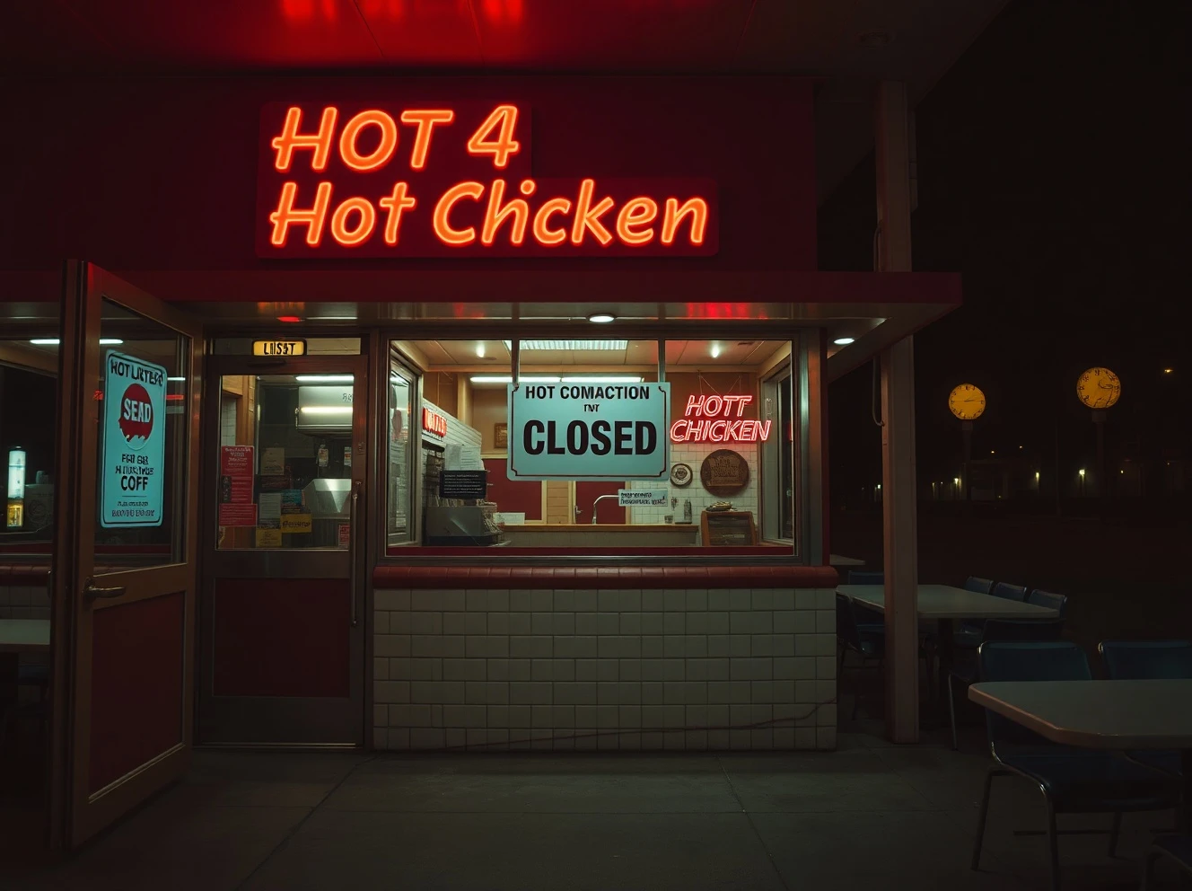 Closed hot chicken chain restaurant with empty dining area and darkened signage