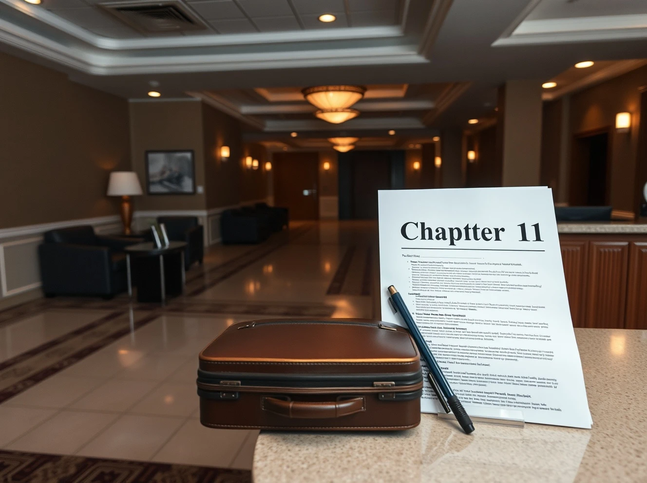 Hotel bankruptcy crisis with abandoned luggage and legal documents in empty lobby