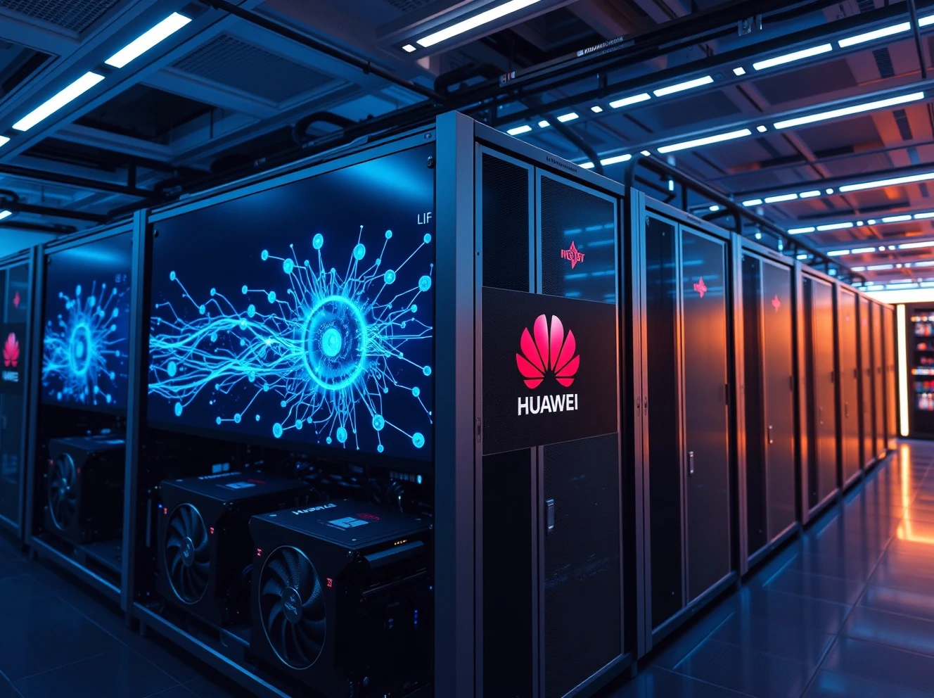 Huawei's advanced AI infrastructure connecting multiple graphics cards for enhanced computing power
