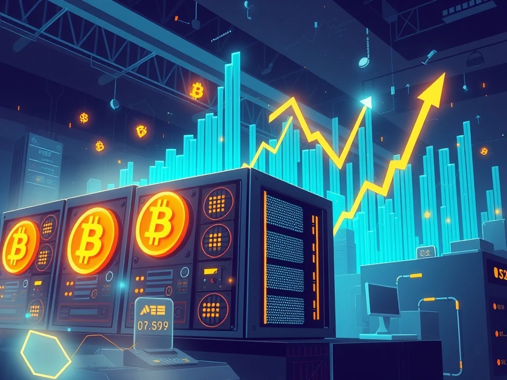 Hut 8 cryptocurrency mining operation with rising stock graph and Bitcoin symbols